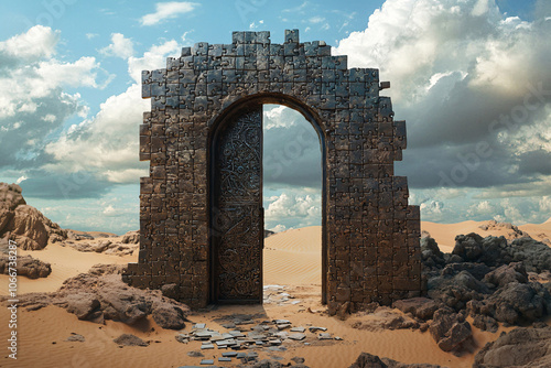 Portal door in the middle of the desert, Portal for a better world, background banner with desert and door
