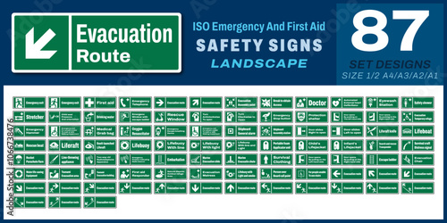 87 set iso emergency and first aid safety signs v70_evacuation route_landscape size 1/2 a4,a3,a2,a1