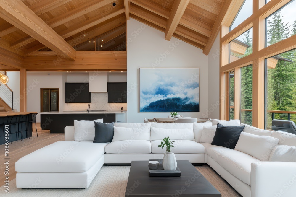 Fototapeta premium Spacious open plan living area featuring a stylish sectional sofa and contemporary art decor.