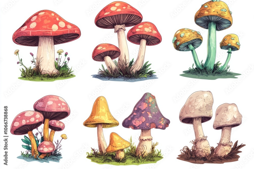 A collection of wild mushrooms growing on the forest floor A collection of wild mushrooms growing on the forest floor