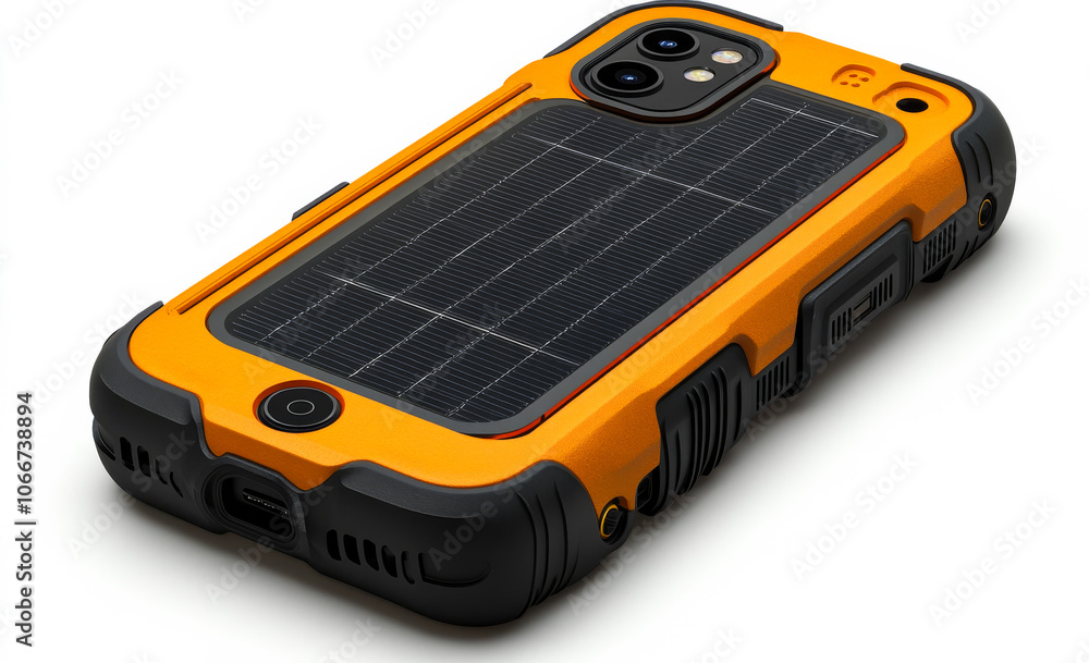 A phone with a solar panel on the back. The phone is orange and black A phone with a solar panel on the back. The phone is orange and black