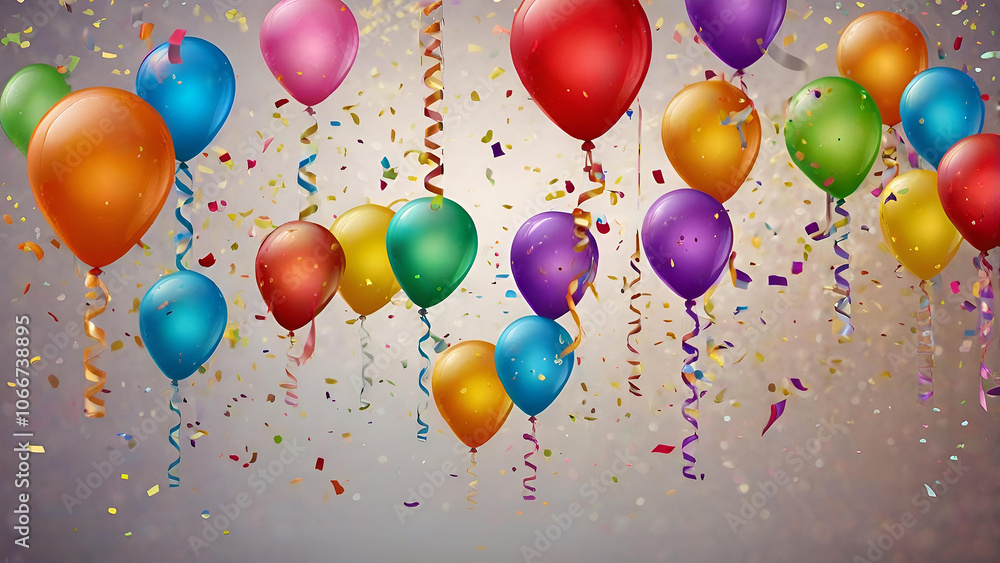 A festive birthday background or a background for a sale with colorful balloons and a flying serpentine. A festive birthday background or a background for a sale with colorful balloons and a flying serpentine.