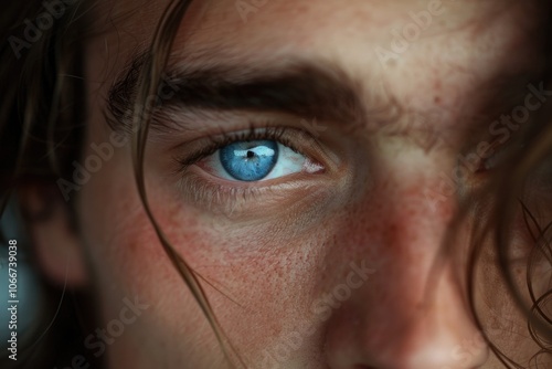 Close-up portrait of a person with bright blue eyes