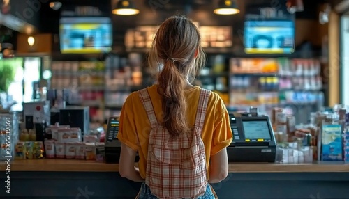 A professional woman operating a cash register in a well-organized store, managing customer, professional woman, cash register