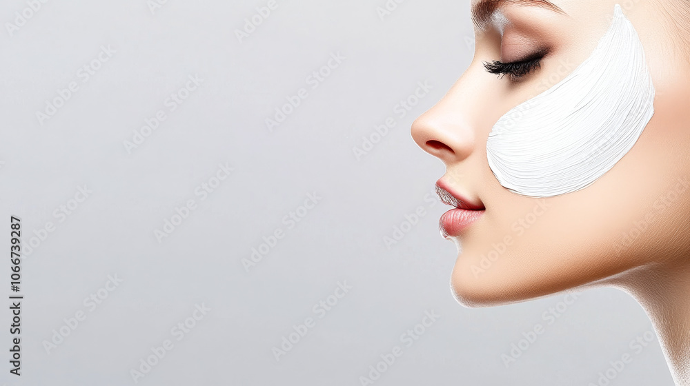 A woman with a white face mask on her face. Concept of beauty and elegance A woman with a white face mask on her face. Concept of beauty and elegance