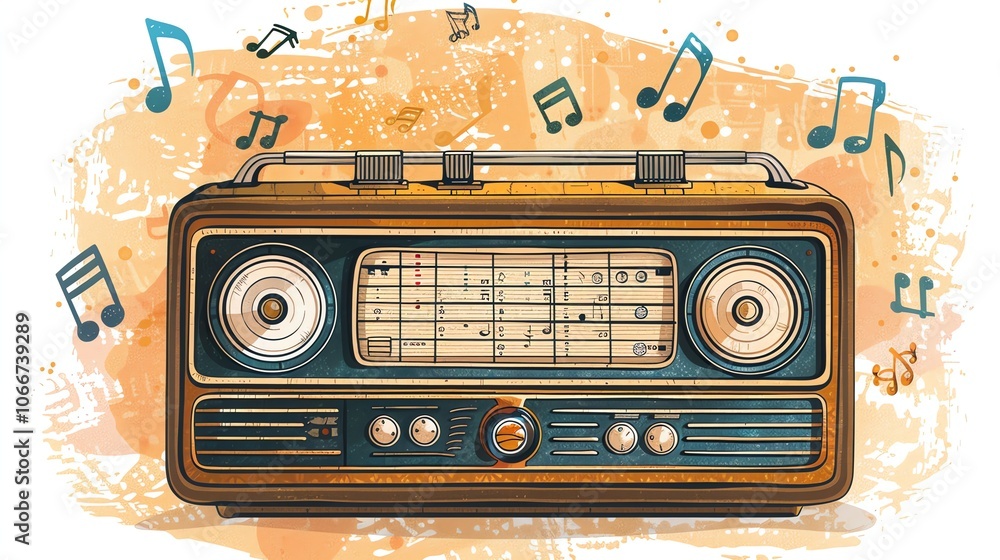 Fototapeta premium A vintage radio with musical notes floating around it.
