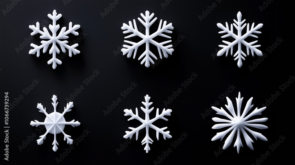A series of snowflakes are shown in various sizes and shapes. The snowflakes are all white and appear to be made of plastic. Concept of winter and the beauty of snowflakes A series of snowflakes are shown in various sizes and shapes. The snowflakes are all white and appear to be made of plastic. Concept of winter and the beauty of snowflakes