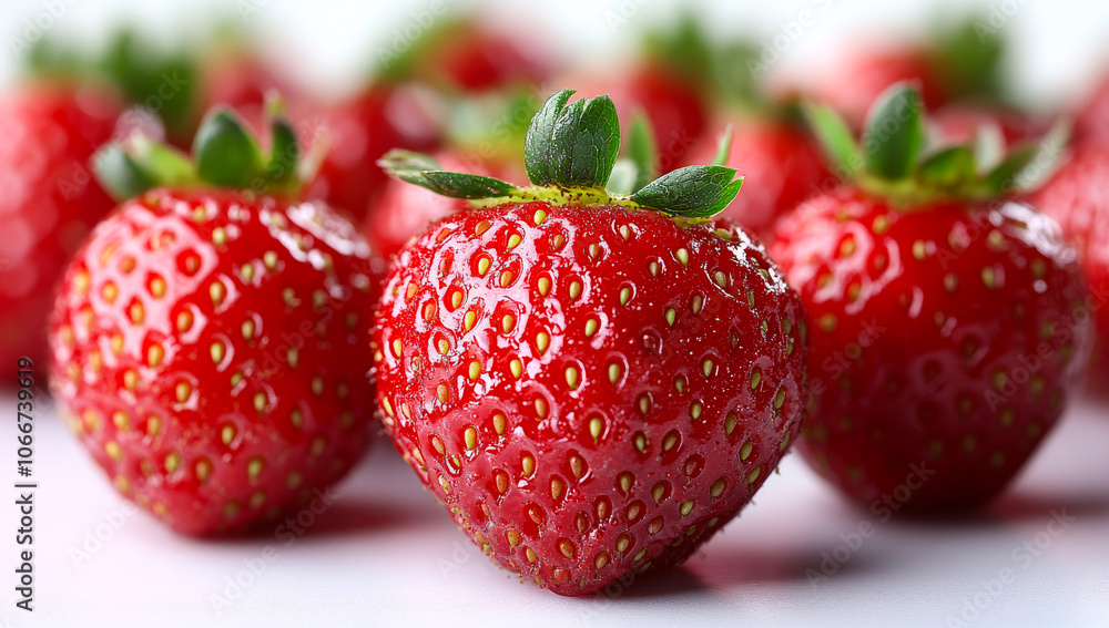 A close up of a red strawberry with green leaves. Concept of freshness and natural beauty A close up of a red strawberry with green leaves. Concept of freshness and natural beauty