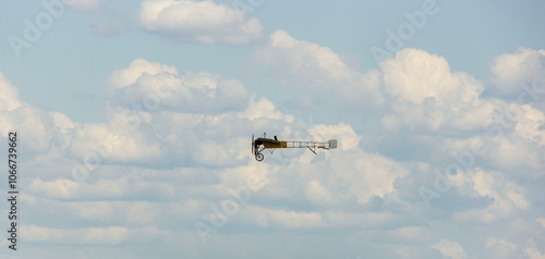 French reconnaissance aircraft Bleriot XI. Demonstration flight. Retro aviation. World War I. Celebrating 100th anniversary of the Russian Air Force. Zhukovsky, Russia - August 10, 2012 photo