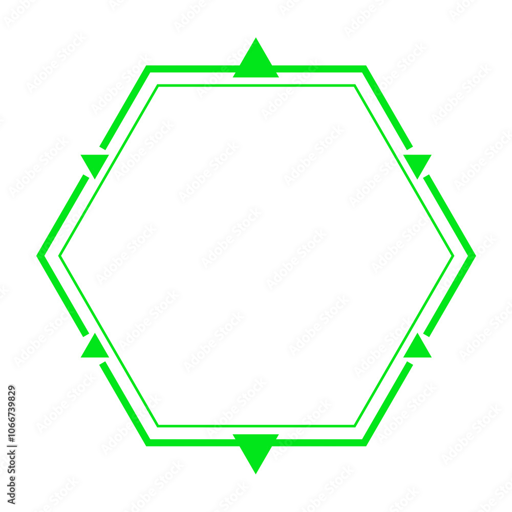 green line hexagon frame and triangle on surrounded green line hexagon frame and triangle on surrounded