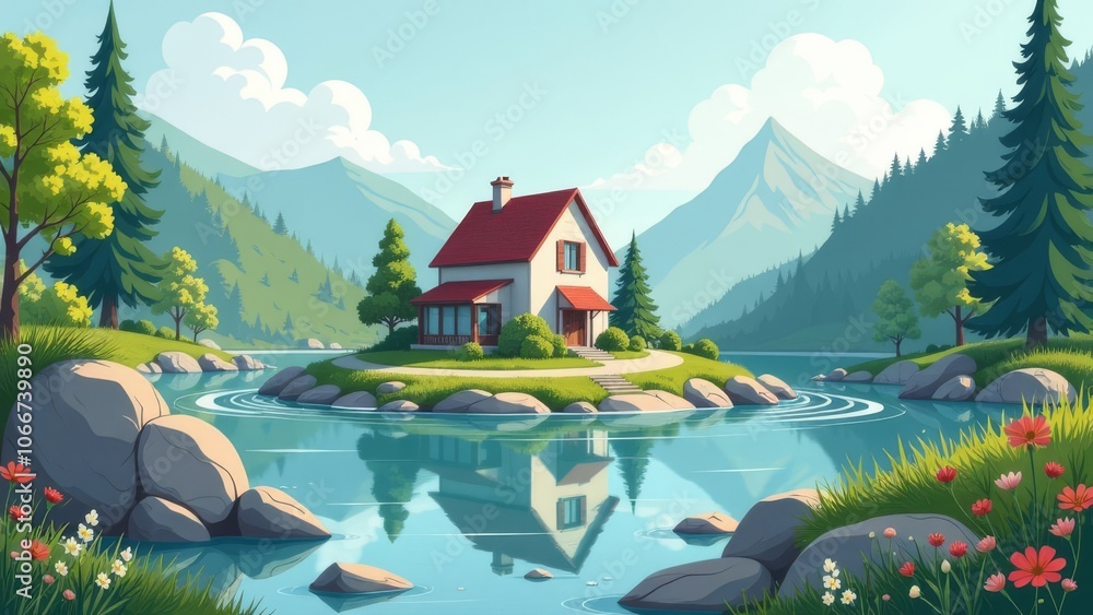 Fototapeta premium A house is on a hillside next to a river