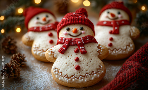 Three snowmen with red hats and scarves are sitting on a table. The snowmen are decorated with icing and appear to be smiling