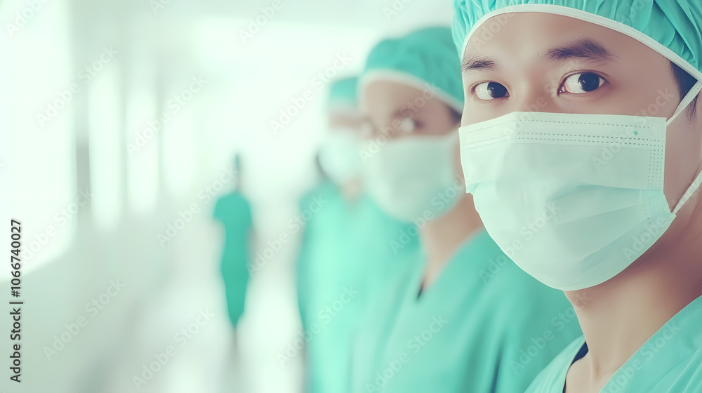 Medical Staff Wearing Masks Standing in a Hospital Corridor, Demonstrating Professionalism, Dedication, and Resilience in a Healthcare Setting, Focusing on Safety, Teamwork, and Commitment to Patient Medical Staff Wearing Masks Standing in a Hospital Corridor, Demonstrating Professionalism, Dedication, and Resilience in a Healthcare Setting, Focusing on Safety, Teamwork, and Commitment to Patient