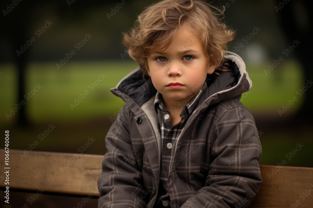 Portrait of a cute little boy in a coat sitting on a bench in the park Portrait of a cute little boy in a coat sitting on a bench in the park