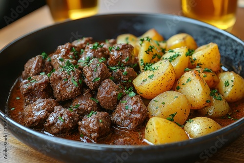 Braised Beef Meatballs with Roasted Potatoes and Herbs