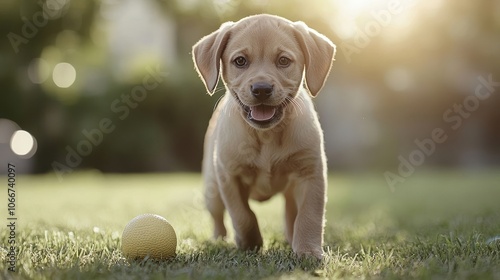 Golden Retriever Puppy Playing with a Yellow Ball in a Grassy Field photo