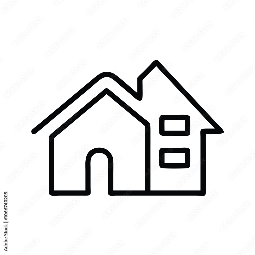 Simple House Outline Icon in Black, Minimalist black outline of a house icon featuring a roof, door, window, and chimney, ideal for real estate and home design concepts. Simple House Outline Icon in Black, Minimalist black outline of a house icon featuring a roof, door, window, and chimney, ideal for real estate and home design concepts.