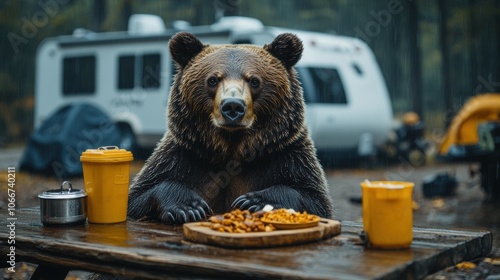 Bear sitting at a picnic table in a campground, comically enjoying a meal, quirky and humorous wildlife scene, camping adventure, wild animal in nature, playful and funny moment, outdoor camping fun photo