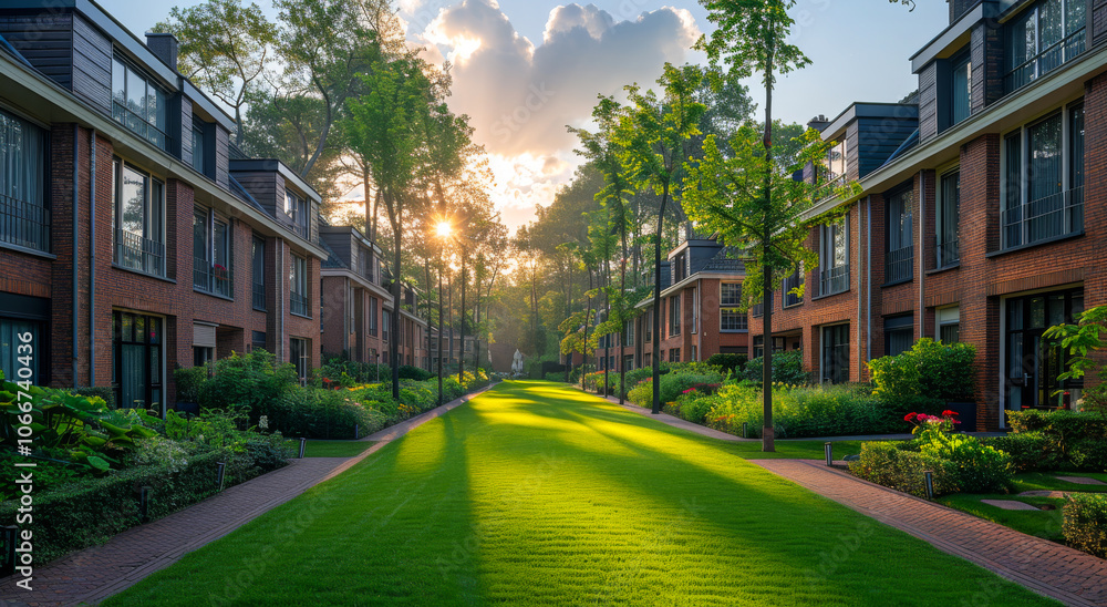 A row of houses with a grassy area in between them. The houses are brick and the grass is green A row of houses with a grassy area in between them. The houses are brick and the grass is green