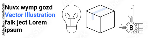 Light bulb, cube, and cryptocurrency symbol with circuit connections. Ideal for technology, innovation, blockchain, finance, cryptocurrency, education, and startups Landing page