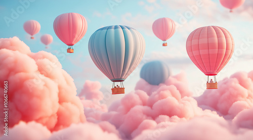 colorful hot air balloons flying in the sky, surrounded by soft pink clouds. Pastel colors and soft lighting create an atmosphere of joy and playfulness. The compositi photo