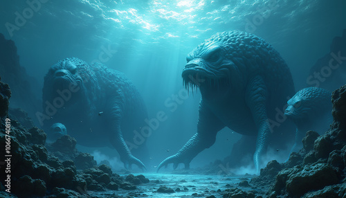 Otherworldly sea monsters emerging from the depths of an alien ocean in a mysterious underwater scene
 photo