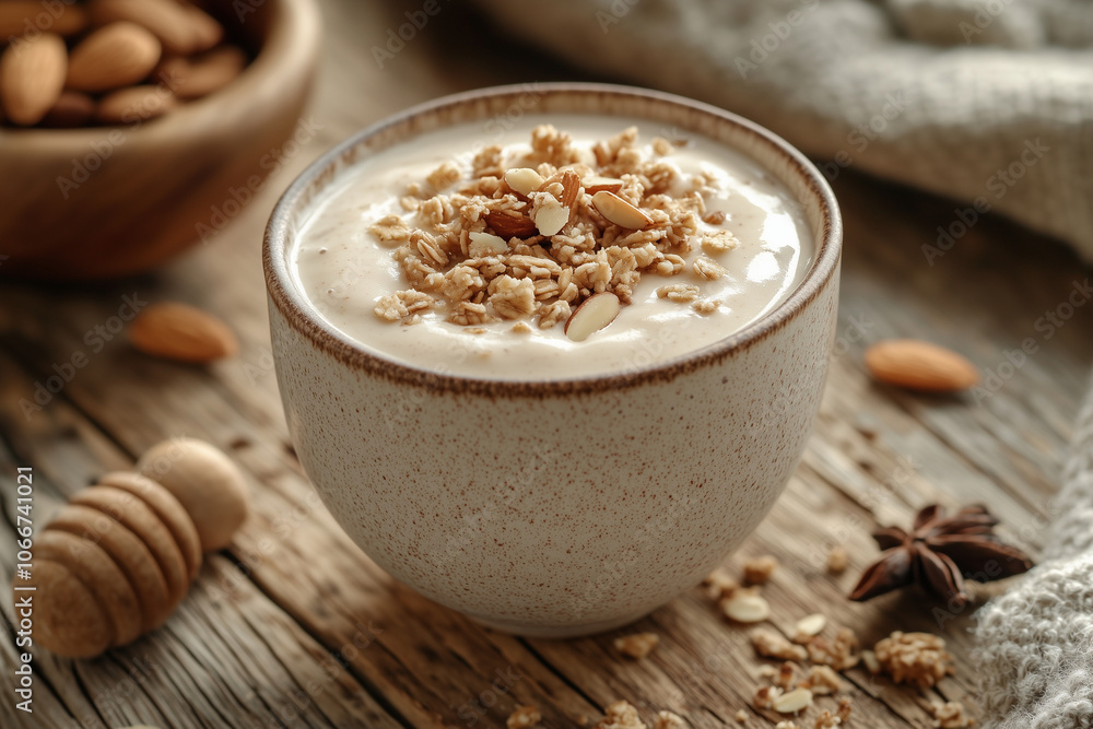 Almond milk smoothie bowl with granola and honey on rustic table Almond milk smoothie bowl with granola and honey on rustic table