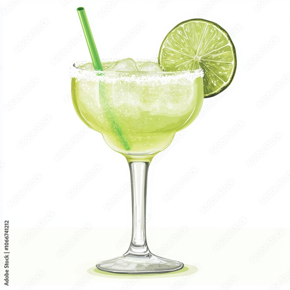 Colorful Margarita in Elegant Glass with Lime and Straw White Background Colorful Margarita in Elegant Glass with Lime and Straw White Background