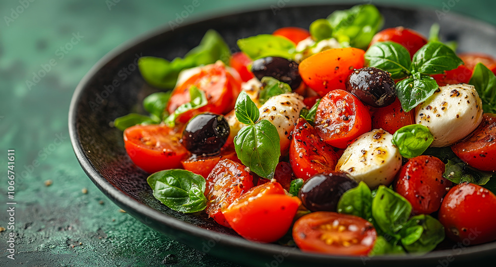 A black bowl filled with a colorful salad of tomatoes, olives, and basil. The salad is arranged in a way that makes it look fresh and appetizing A black bowl filled with a colorful salad of tomatoes, olives, and basil. The salad is arranged in a way that makes it look fresh and appetizing