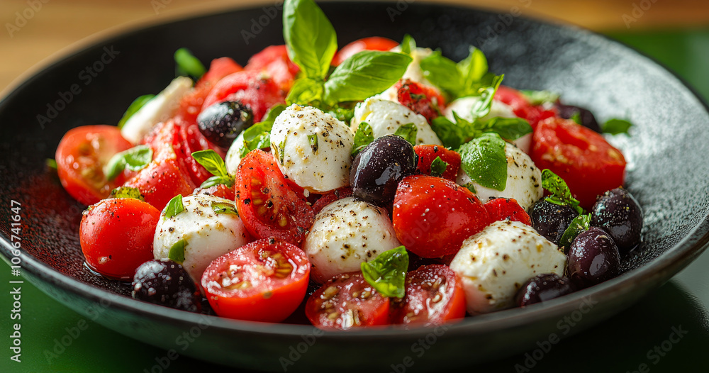 A black bowl filled with a colorful salad of tomatoes, cheese, and olives. The salad is garnished with fresh basil and looks delicious A black bowl filled with a colorful salad of tomatoes, cheese, and olives. The salad is garnished with fresh basil and looks delicious