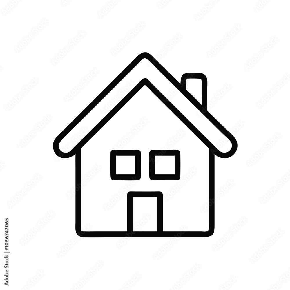 Simple House Outline Icon in Black, Minimalist black outline of a house icon featuring a roof, door, window, and chimney, ideal for real estate and home design concepts. Simple House Outline Icon in Black, Minimalist black outline of a house icon featuring a roof, door, window, and chimney, ideal for real estate and home design concepts.
