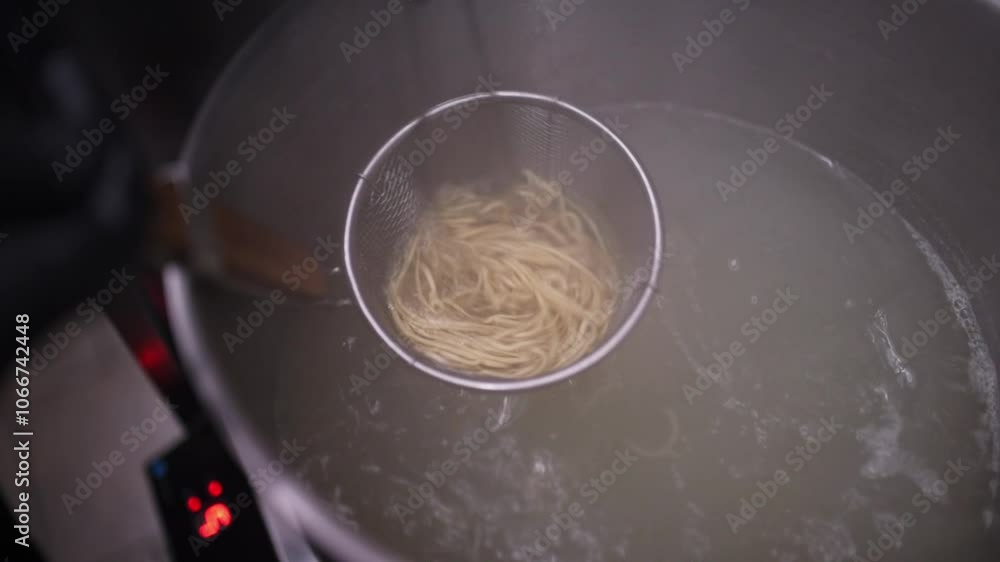 Close-up of freshly cooked noodles being lifted from boiling water with a strainer. This culinary process captures the preparation of a delicious meal in a professional kitchen Close-up of freshly cooked noodles being lifted from boiling water with a strainer. This culinary process captures the preparation of a delicious meal in a professional kitchen