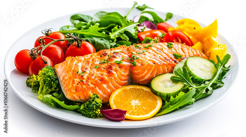 A plate of food with salmon, broccoli, and orange slices. The plate is white and the food is colorful