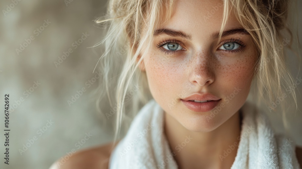 Young woman with towel around neck, fresh look, post-workout glow, natural lighting, casual setting, soft focus, serene expression, wellness, relaxation, fitness inspiration, natural beauty Young woman with towel around neck, fresh look, post-workout glow, natural lighting, casual setting, soft focus, serene expression, wellness, relaxation, fitness inspiration, natural beauty