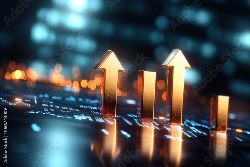 Visualize upward trends with a multicolored bar chart featuring rising arrows in modern data analysis