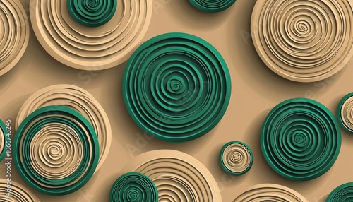 Wallpaper with taupe and emerald spirals on circular shapes.