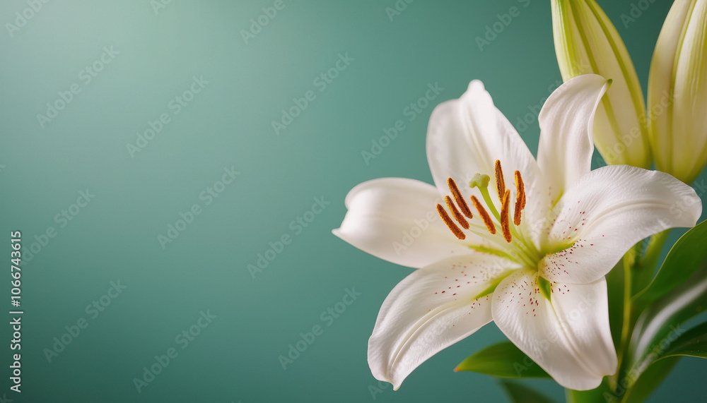 Fototapeta premium A delicate white lily blooms against a soft, muted green background, showcasing its elegant petals and vivid stamens.