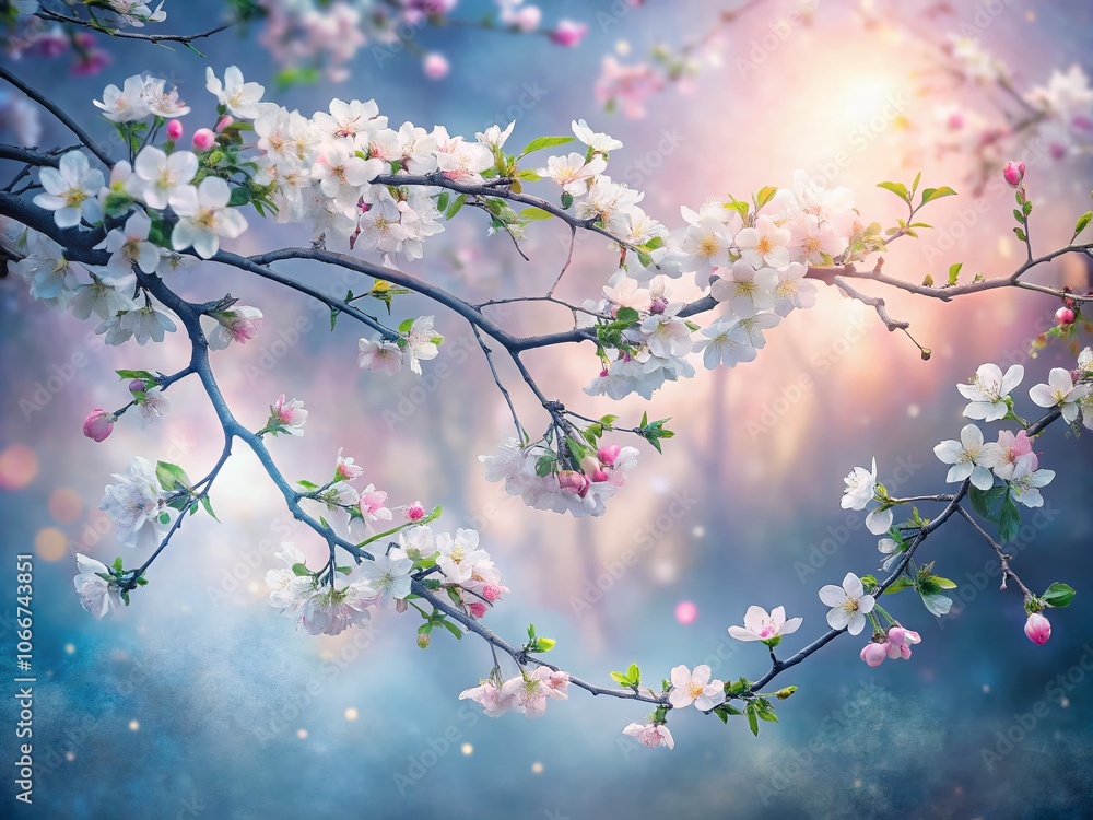Obraz premium Surreal White and Pink Apple Blossom Branches in Dreamy Landscape, Ethereal Nature, Blossoming Trees, Artistic Floral Composition, Enchanting Spring Vibes, Fantasy Garden Scene
