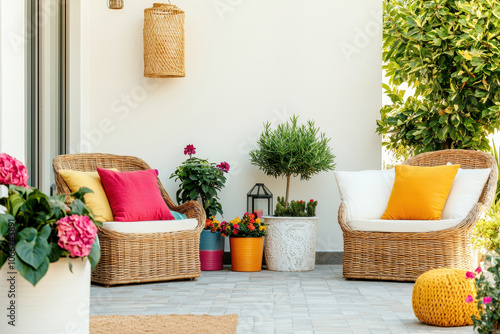 Charming patio corner with wicker chairs, colorful cushions, and vibrant plants creating a cozy outdoor retreat.