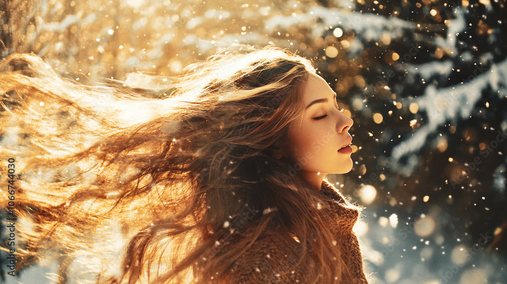 Obraz premium Dreamy young woman in a winter forest, falling snowflakes on a sunny day. Romantic girl with hair fluttering in the wind. Femininity, youth, beauty.