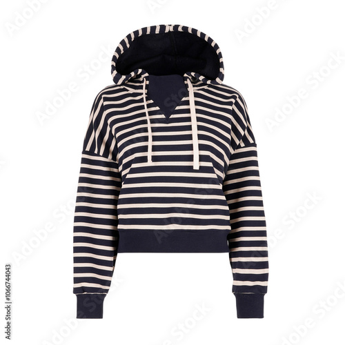 Striped blue beige women's sweatshirt with hood isolated on white background
