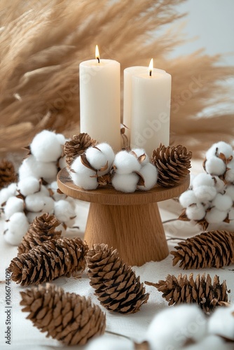 A rustic table decorated with pine cones and candles, great for outdoor events or winter celebrations