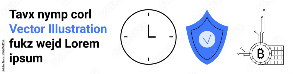 Clock symbolizing time, blue shield representing cybersecurity, circuit-connected Bitcoin illustrating cryptocurrency. Ideal for finance, technology, security, time management, presentations Clock symbolizing time, blue shield representing cybersecurity, circuit-connected Bitcoin illustrating cryptocurrency. Ideal for finance, technology, security, time management, presentations