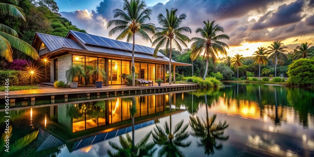 Sustainable Modern House on Tropical Lake with Palm Trees and Solar Panels - Eco-Friendly Design, Long Exposure, Serene Nature, Green Architecture, Sustainable Living, Tropical Paradise Sustainable Modern House on Tropical Lake with Palm Trees and Solar Panels - Eco-Friendly Design, Long Exposure, Serene Nature, Green Architecture, Sustainable Living, Tropical Paradise