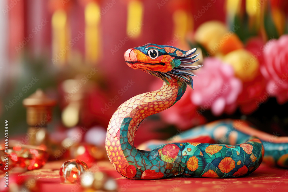 Festive Chinese paper snake sculpture in intricate red and green patterns surrounded by traditional ornaments and floral decor. Chinese New Year... Festive Chinese paper snake sculpture in intricate red and green patterns surrounded by traditional ornaments and floral decor. Chinese New Year...