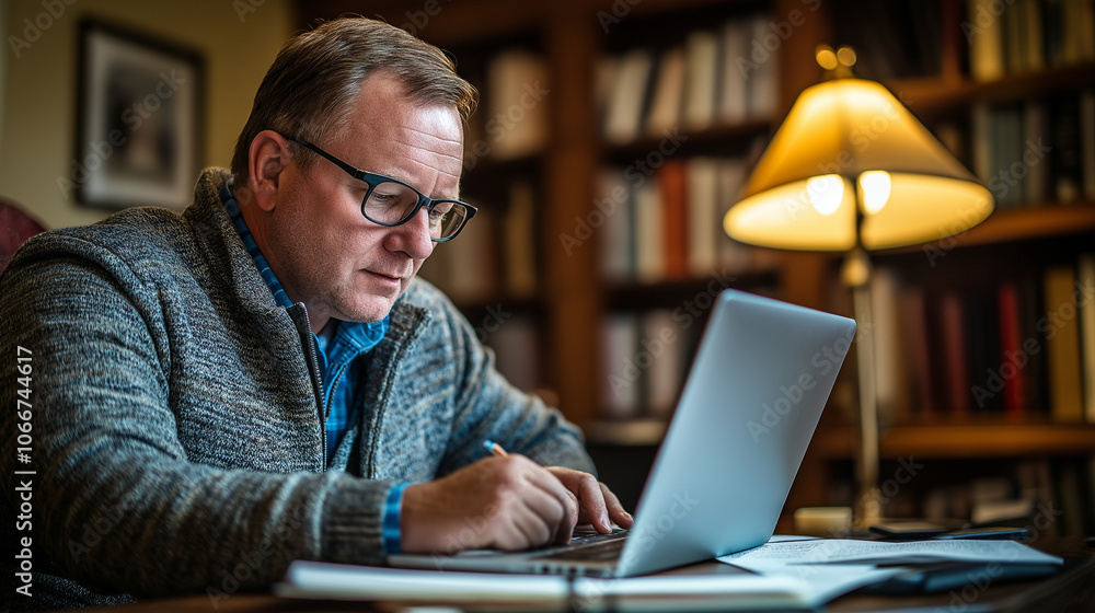 Photo of a middle-aged man attending an online course on his laptop in a home office, wearing glasses and taking notes in a notebook. A modern home office setup is softly blurred i Photo of a middle-aged man attending an online course on his laptop in a home office, wearing glasses and taking notes in a notebook. A modern home office setup is softly blurred i