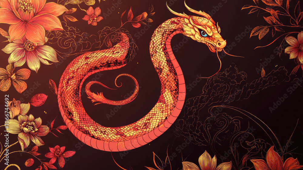 Elegant illustration of a red and gold snake surrounded by flowers on a dark background, symbolizing Chinese New Year themes of prosperity and luck.. Elegant illustration of a red and gold snake surrounded by flowers on a dark background, symbolizing Chinese New Year themes of prosperity and luck..