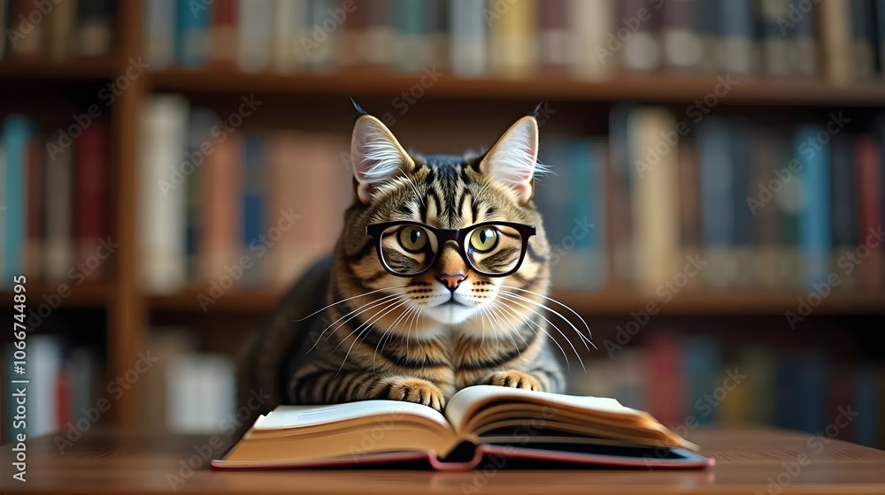 Cat wearing glasses sits and reads a book in the library Cat wearing glasses sits and reads a book in the library
