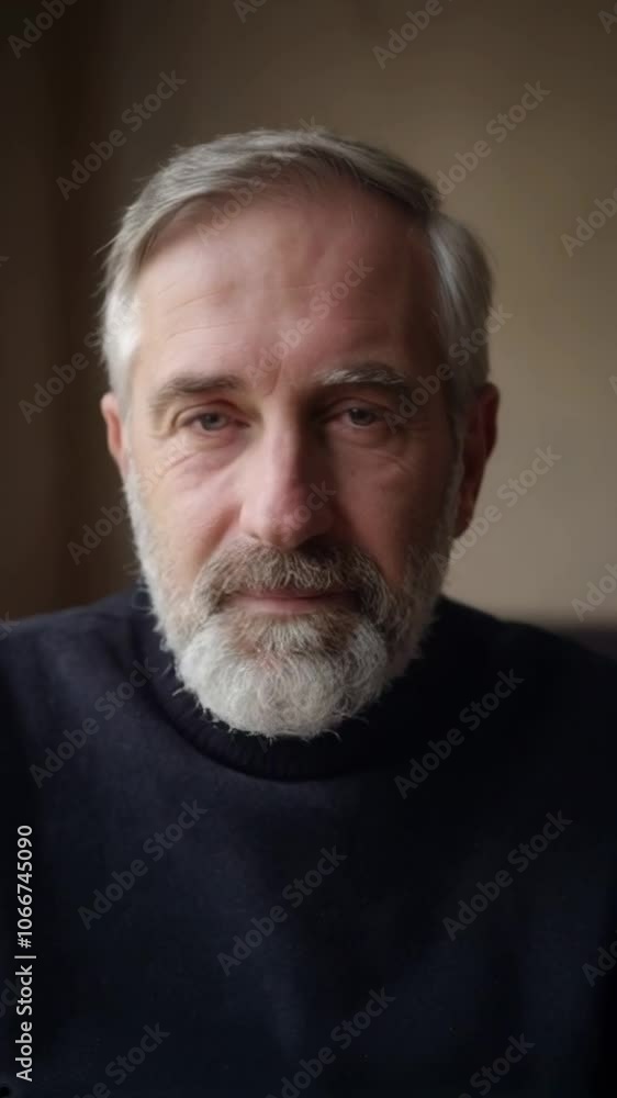 Thoughtful Portrait of Mature Man with Gray Beard Indoors, Close-up of a mature man with a gray beard and calm expression, gazing softly at the camera in natural indoor light.
Thoughtful Portrait of Mature Man with Gray Beard Indoors, Close-up of a mature man with a gray beard and calm expression, gazing softly at the camera in natural indoor light.