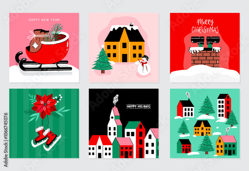 Vector set of Christmas holiday greeting cards with chimney, arrangement, ice skates, landscape, festive buildings, snow man, Santa's sleigh on colorful backgrounds. Hand drawn holiday cards